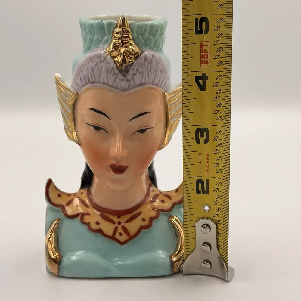 Vintage Asian Lady Head Mini Vase Celadon Jade Gold Japan Mid Century Japan 1950